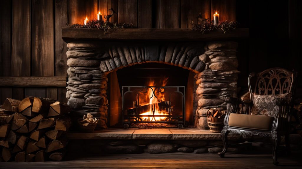 Warm cozy Fireplace in wooden home